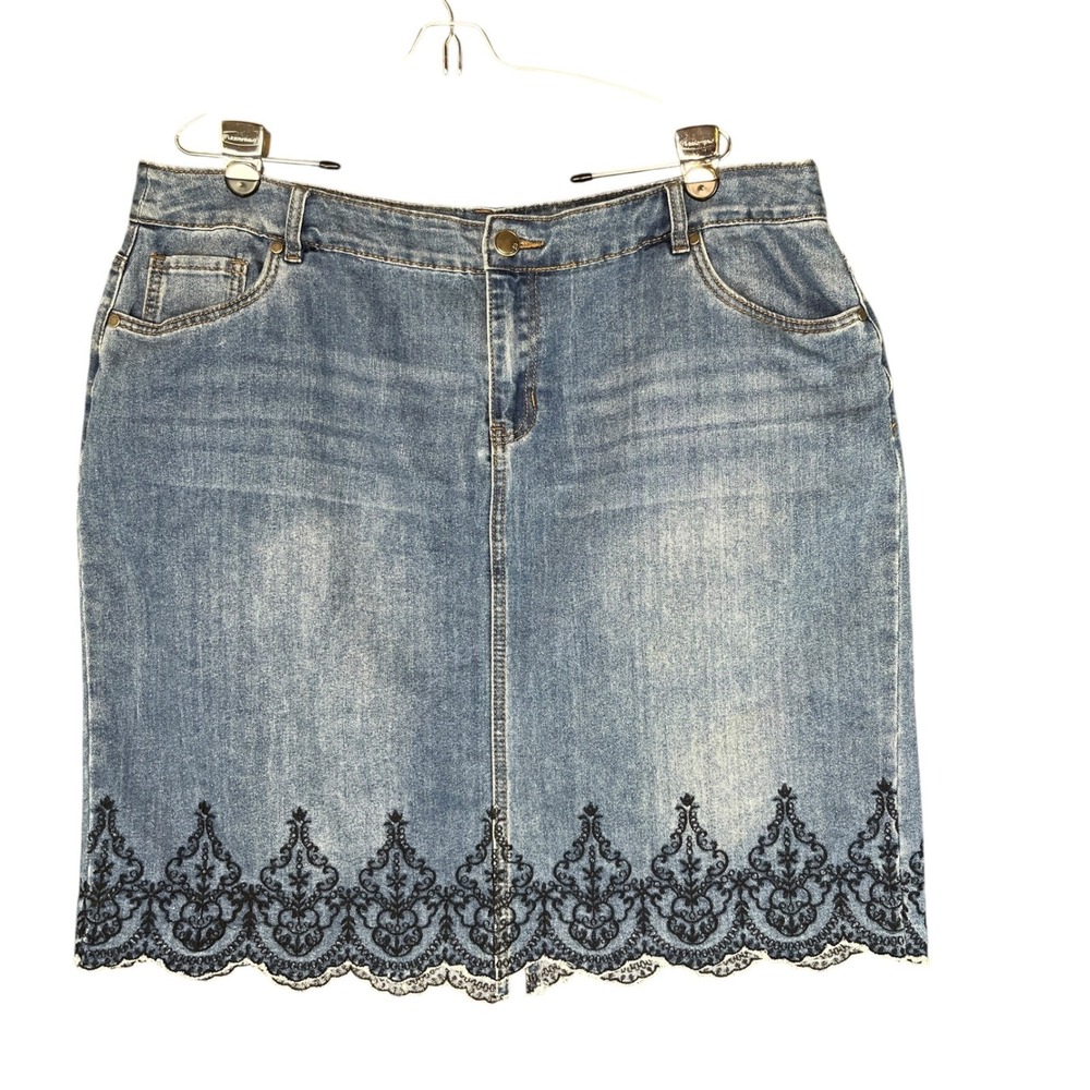 Ave Denim Skirt 18/20 Embroidered Scallop Hem Western Cottage Feminine Stretch